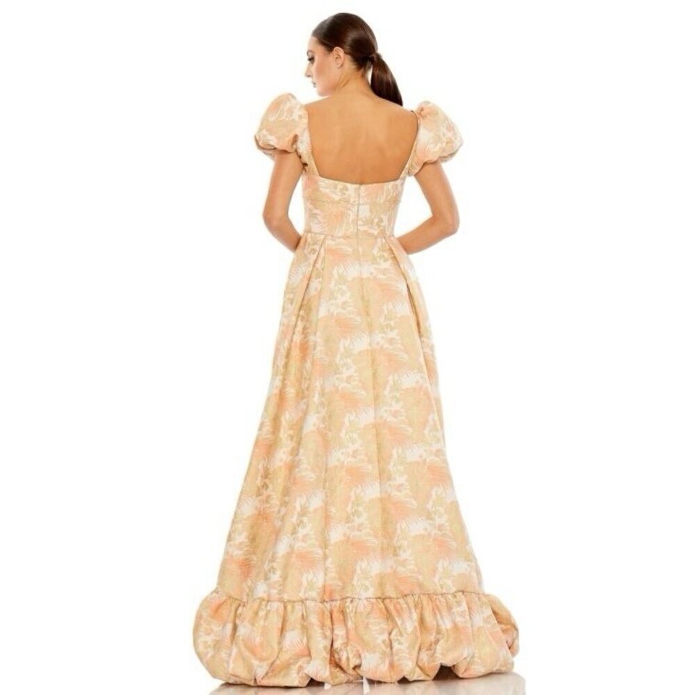 MAC DUGGAL Size 14 Peach Floral Brocade 68276 Puff Sleeve High Low Gown Dress - Picture 3 of 10